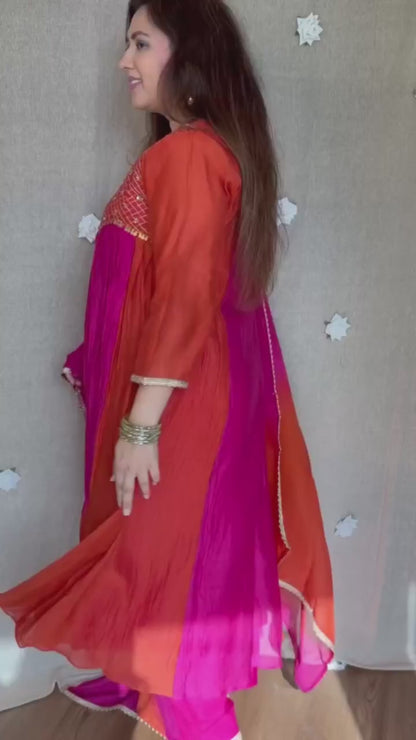Vibrant Pink Orange Embroidered Anarkali Suit Set