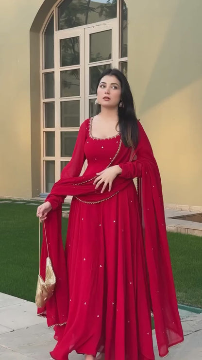 Ruby Red Embellished Anarkali Suit Set with Matching Dupatta