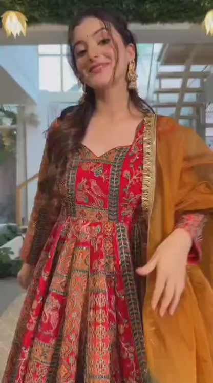 Royal Crimson Heritage Printed Anarkali Suit Set with Ombre Dupatta