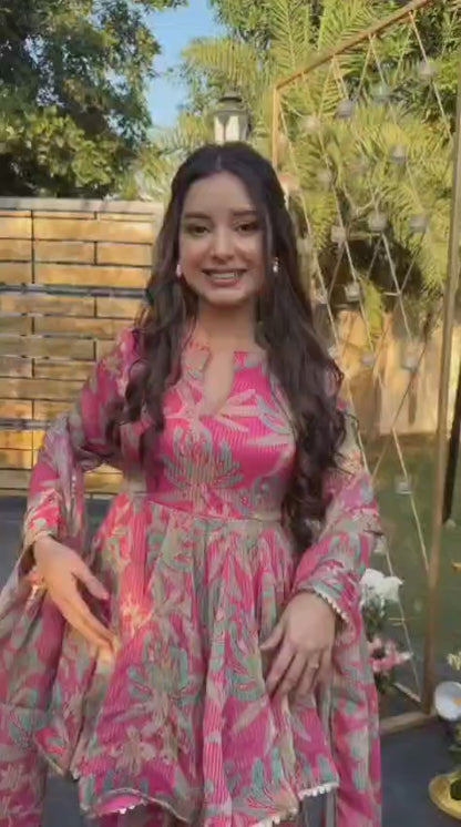 Luxury Pink Floral Printed Designer Peplum Kurta with Sharara & Dupatta Set