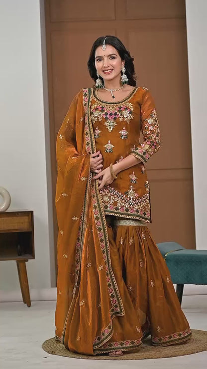 Elegant Mustard Heavy Fandy Silk Embroidered Sharara Set with Dupatta