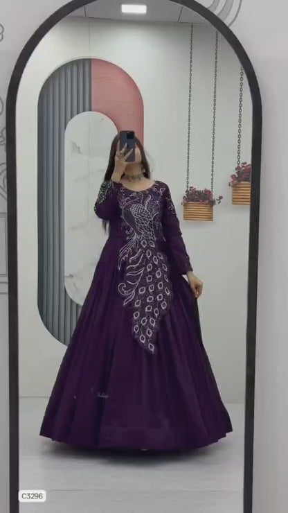 Beautiful Royal Plum Peacock Designer Anarkali Gown in Vichitra Silk