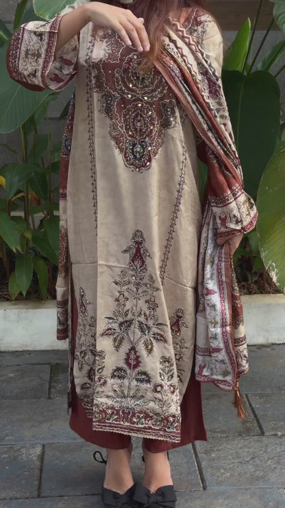 Georgeous Cream & Brown Printed Kurta Pant Set with Designer Dupatta for Women