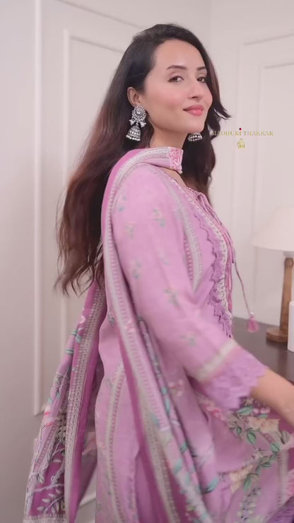 Pastel Pink Floral Embroidered Suit Set with Lace Detailing & Printed Dupatta