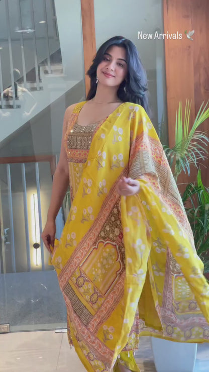 Premium Mustard Yellow Printed Unstitched Salwar Suit with Elegant Dupatta