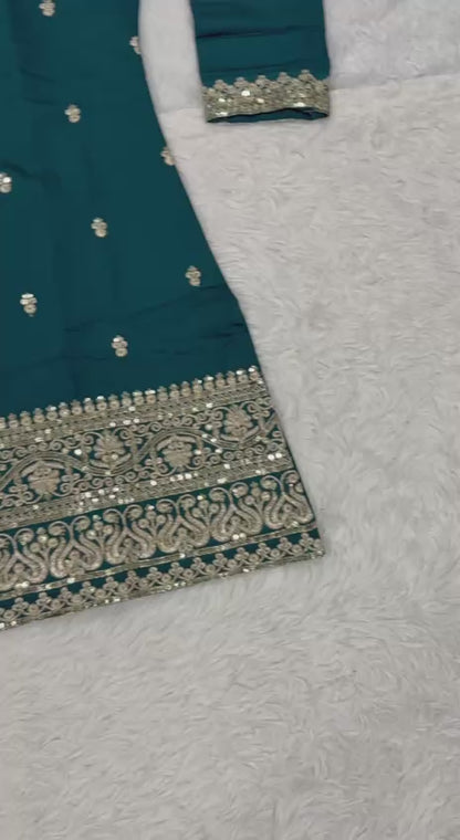 Graceful Teal Embroidered  Kurta Plazzo  and Dupatta for Festive & Ethnic Wear