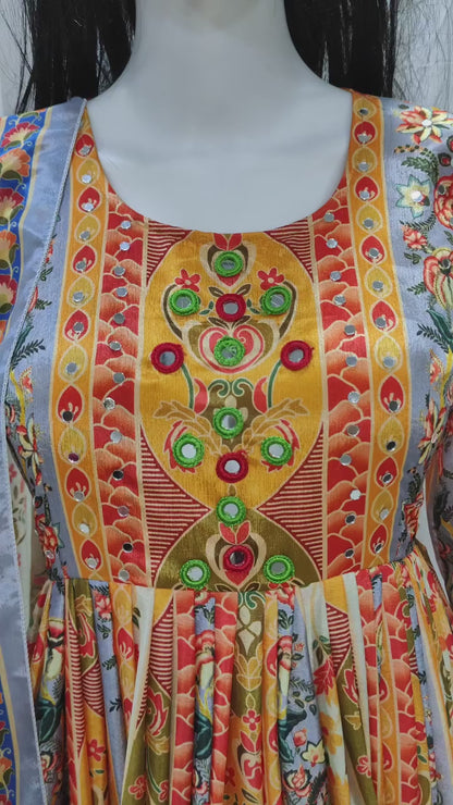 Beautiful Mist Premium Chinon Silk Designer Anarkali Gown Set with Heritage Print