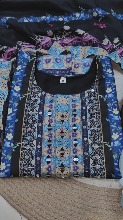 Black Floral Printed Kurta Set with Dupatta & Straight Pants