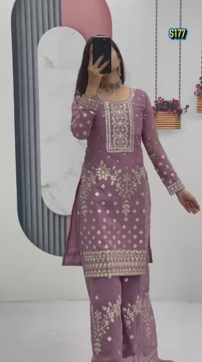 Ggorgeous Mauve Faux Georgette Kurta and Sharara Set with Intricate Embroidery