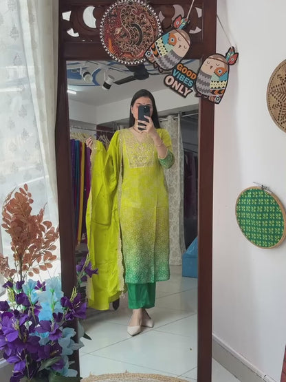 Elegant Lime Green Ombre Embroidered Russian Silk Blend Kurta Pant Set