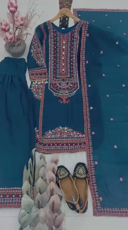 Royal Teal Blue Floral Embroidered Cotton Suit Set with Organza Dupatta