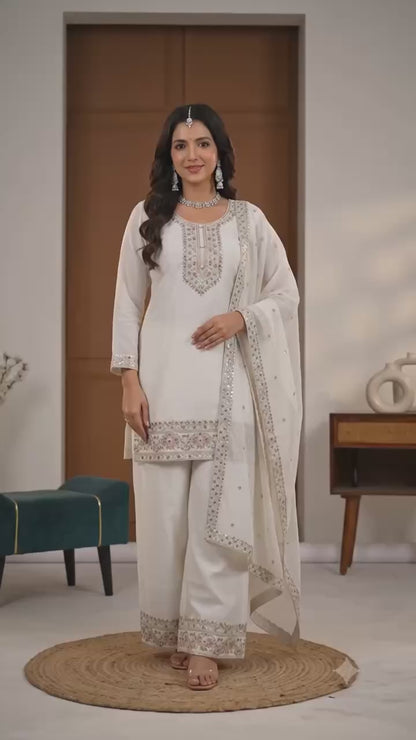 Ivory Heavy Crunchy Silk Designer Suit Set with Embroidered Dupatta