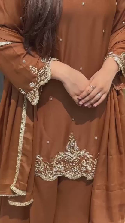 Fantastic Rust Chocolate Heavy Fox Georgette Scalloped Suit Set