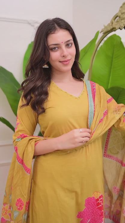 Blooming Mustard Yellow Floral Printed Kurta Pant Set with Dupatta for Women
