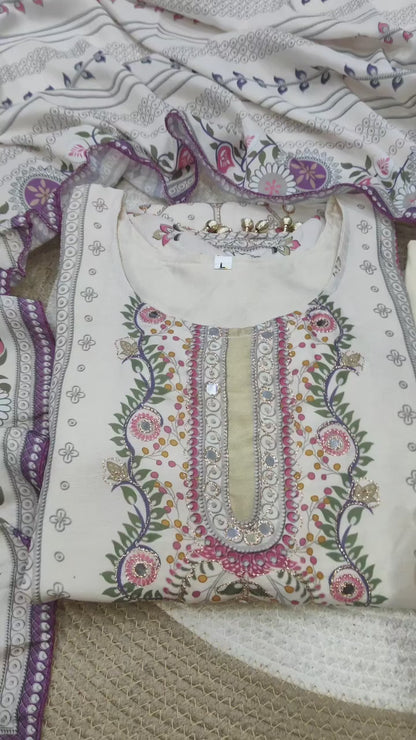 Graceful Ivory Floral Printed Premium Suit Set with Elegant Dupatta