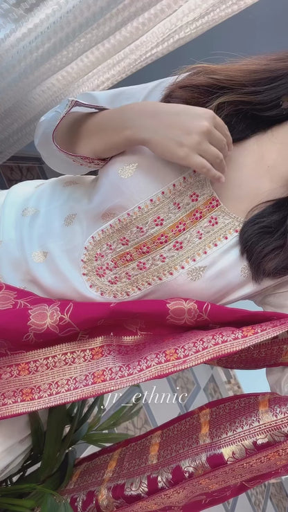Regal White Pure Banarasi Silk Kurta Pant Set with Designer Banarasi Silk Dupatta