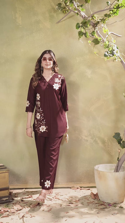 Elegant Brown Floral Embroidered Co-Ord Set for Women