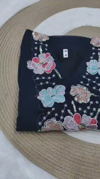 Trendy Navy Blue Floral Embroidered Co-Ord Set for Women