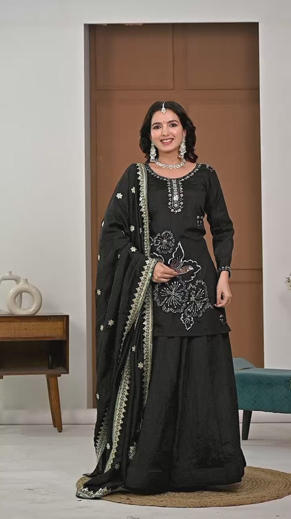 Royal Black Heavy Vichitra Silk Embroidered Kurta Palazzo Set with Designer Dupatta