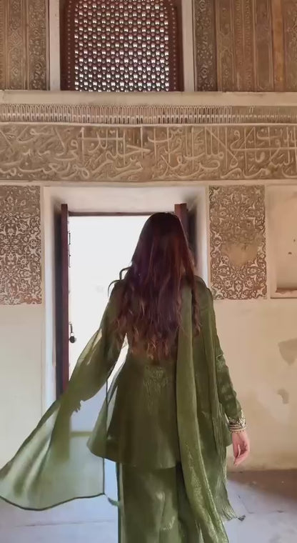Luxury Forest Green Heavy Crunchy Silk Kurta Palazzo Set,