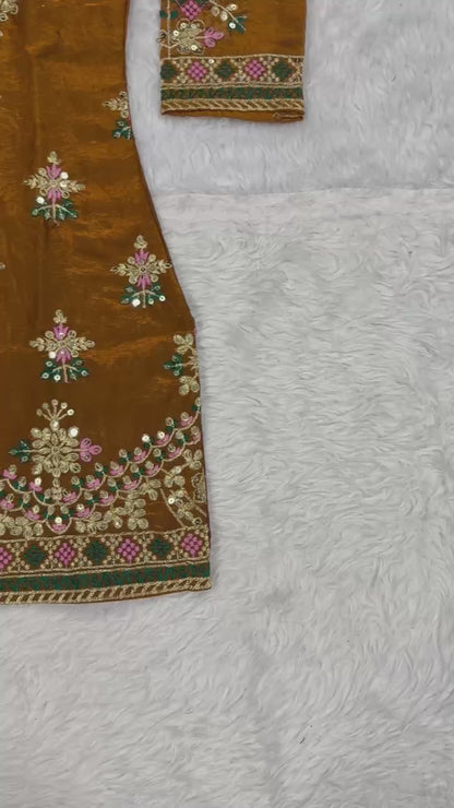 Elegant Mustard Heavy Fandy Silk Embroidered Sharara Set with Dupatta