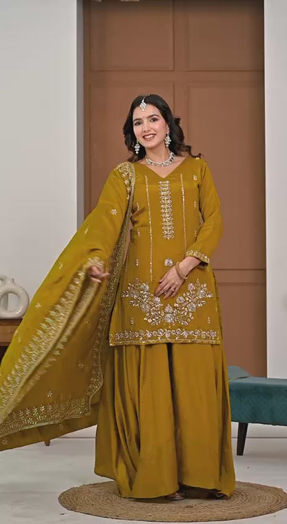 Beautiful Mustard Vichitra Silk Kurta Palazzo Set,