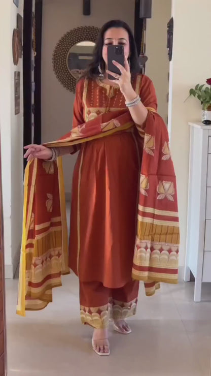 Graceful Rust Brown Cotton Embroidered Kurta Palazzo Set with Dupatta