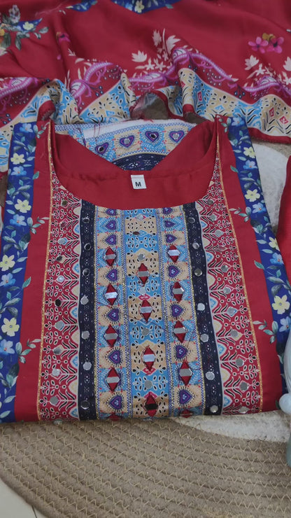 Gorgeous Women's Red Floral Printed Muslin Kurta Pant & Dupatta Set