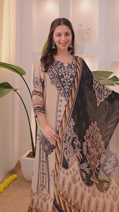 Trendy Beige & Black Printed Unstitched Salwar Suit with Designer Dupatta