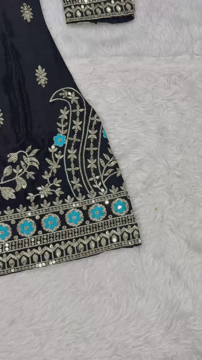 Royal Black Vichitra Silk Embroidered Kurta Sharara Set with Designer Dupatta