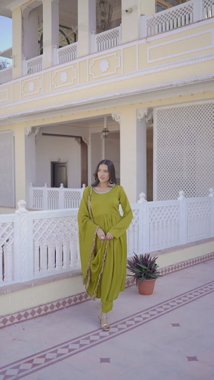Traditional Stunning Vichitra Silk Anarkali Suit with Printed Silk Dupatta