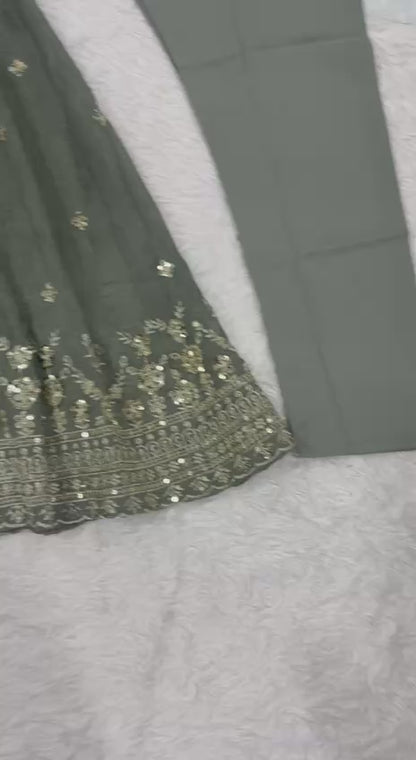 Elegant Sage Green Heavy Crunchy Silk Anarkali Suit Se