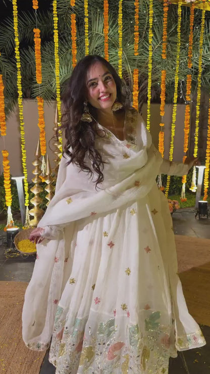 White Premium Soft Cruncy Silk Anarkali Suit Set with Floral Embroidery,