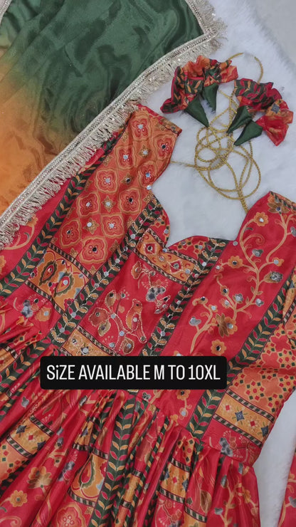 Royal Crimson Heritage Printed Anarkali Suit Set with Ombre Dupatta