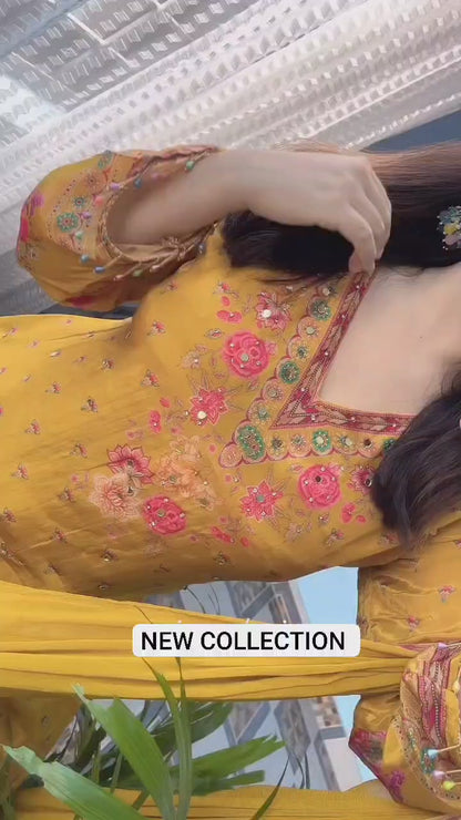 Stylish Mustard Yellow Floral Printed Unstitched Salwar Suit with Matching Dupatta