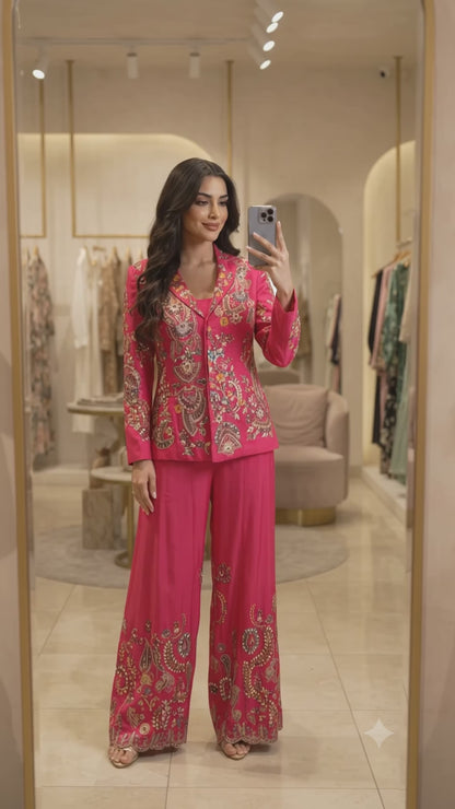 Beautiful Rani Pink Embroidered Palazzo Jacket Set