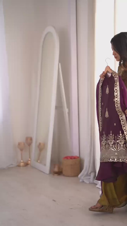 Royal Deep Purple Fendy Silk Kurta and Palazzo Set with Intricate Embroidery