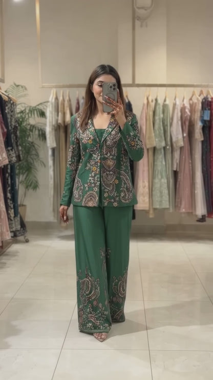 Elegant Emerald Green Embroidered Palazzo Set