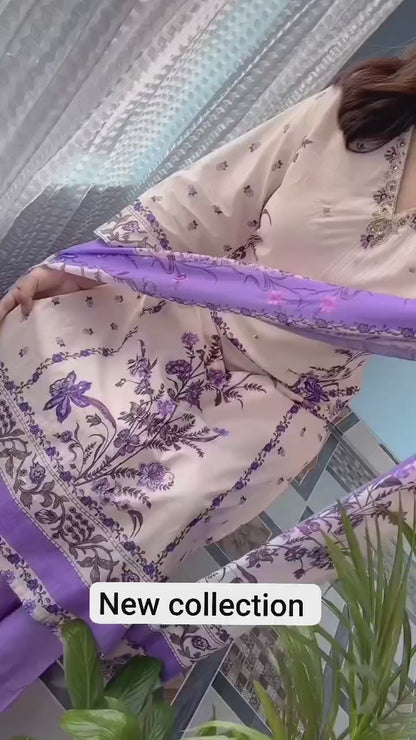 Radiant White & Lavender Floral Printed Cotton stitched Dress Material with Dupatta