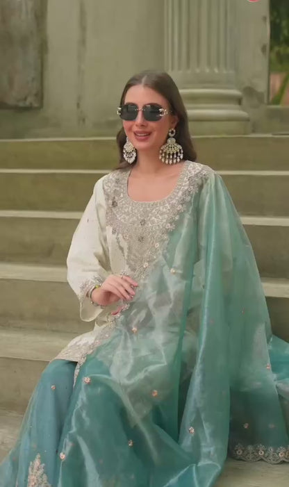 Elegent Heavy Frendy Silk Embroidered Sharara 3-Piece Suit Set