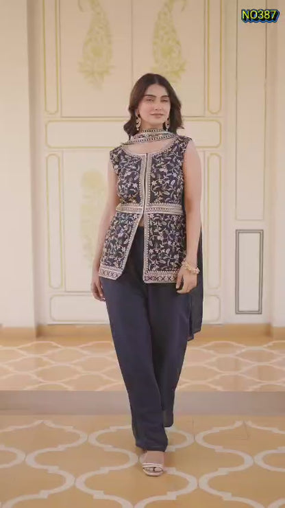 Traditional Navy Blue Premium Star Georgette Embroidered Peplum and Palazzo Set