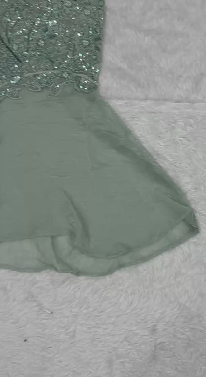 Glamorous Designer Sage Green Halter Neck Peplum Kurta with Palazzo Set