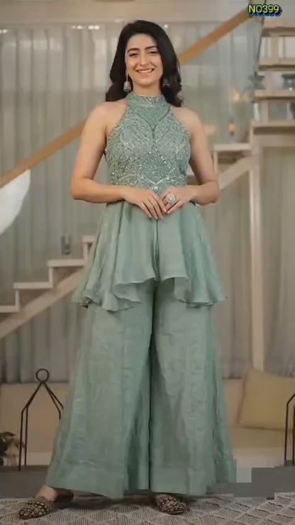 Designer Green Heavy Fandy Crush Peplum and Palazzo Set with Embellished Halter Neck