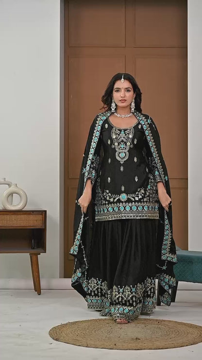 Royal Black Vichitra Silk Embroidered Kurta Sharara Set with Designer Dupatta
