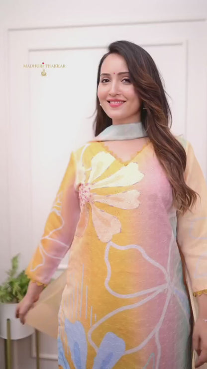 Rosé Bloom Floral Print Stitched Kurta Pant & Kota Doria Dupatta Set for Women