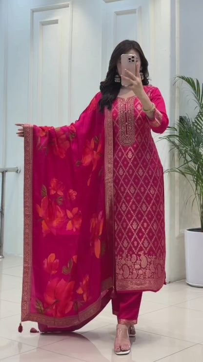 Traditional Rani Pink Banarasi Silk Woven Kurta Pant Set with Floral Printed Dupatta
