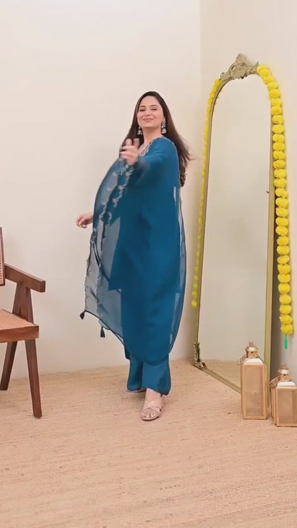 Elegant Teal Blue Embroidered Kurta Palazzo Set with Chiffon Dupatta for Women