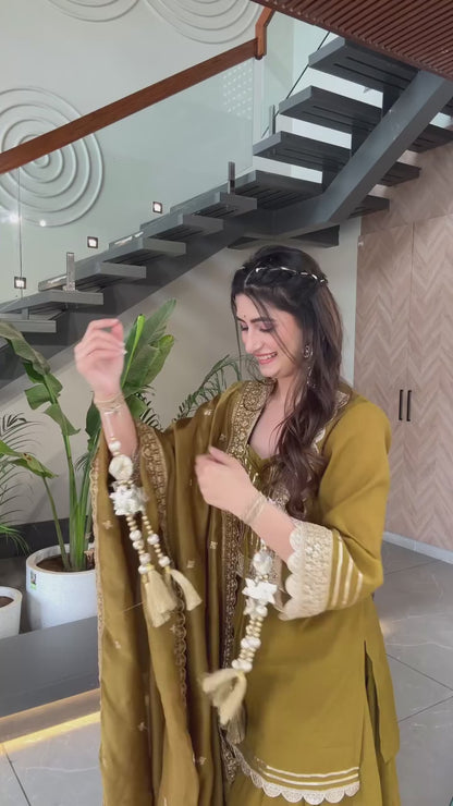 Magic Mustard Yellow Pure Soft Chinon Peplum Kurta with Flared Palazzo and Dupatta Set