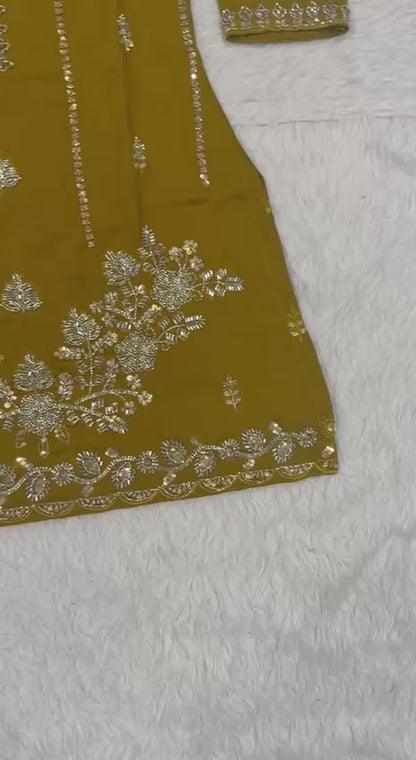 Beautiful Mustard Vichitra Silk Kurta Palazzo Set,