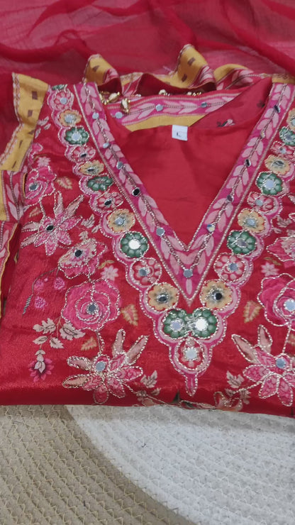Elegant Embroidered Red Salwar Suit Set with Detailed Dupatta